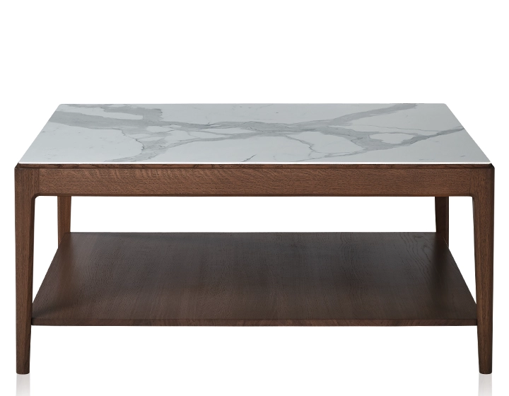Mesa de centro cuadrada de roble y cerámica con estante en madera tinte marrón oscuro tablero cerámico efecto mármol blanco 100x100 cm