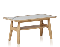 Table basse rectangulaire en chêne et céramique avec bois teinte naturelle plateau céramique effet marbre blanc 100x50 cm