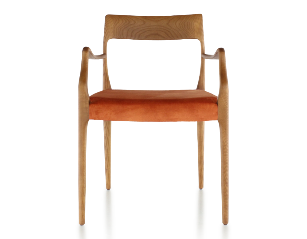 Scandinavian armchair with armrests cherry-stained wood, terracotta velvet seat