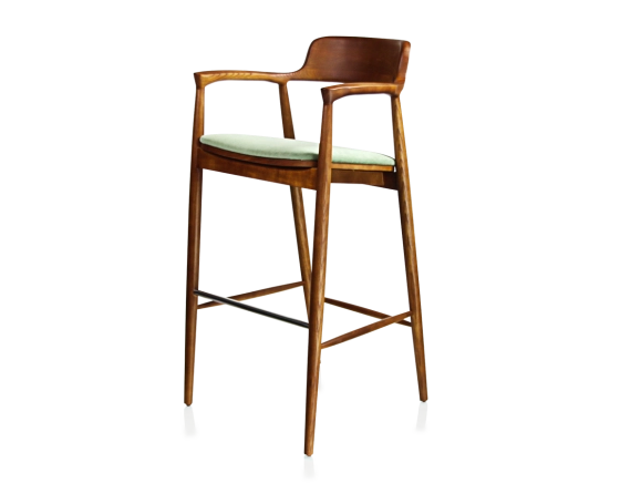 Bar stool h80 cm cherry-stained wood green fabric seat
