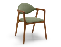 Chaise design avec accoudoirs bois teinte merisier et tissu vert