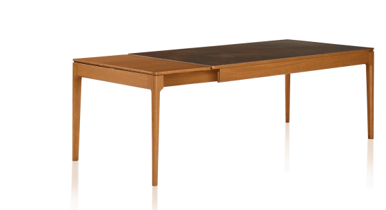 Table extensible 8 à 12 personnes en chêne et céramique allonges bois avec bois teinte merisier et plateau céramique brun oxydé 210x100 cm