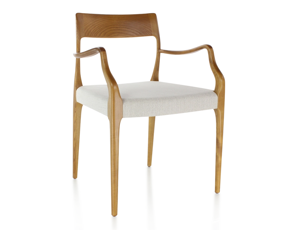 Chaise scandinave avec accoudoirs bois teinte merisier assise tissu beige naturel