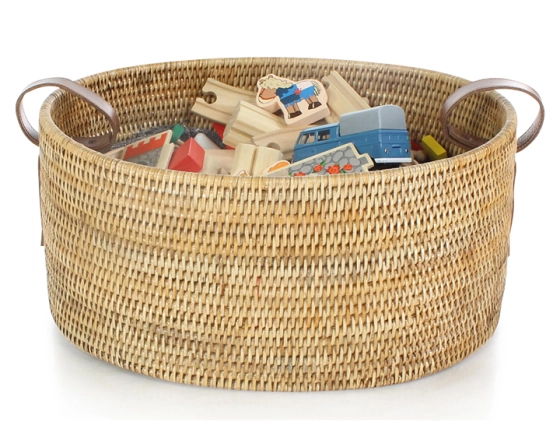 Panier de rangement en rotin naturel anses en cuir petit modèle