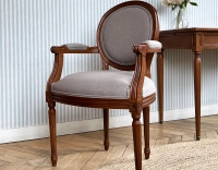 Antique Louis XVI style armchair with armrests wood stained in an antique style and light grey fabric