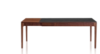 Table extensible 6 à 10 personnes en noyer et céramique allonges bois avec bois teinte naturelle et plateau céramique effet marbre noir 160x100 cm