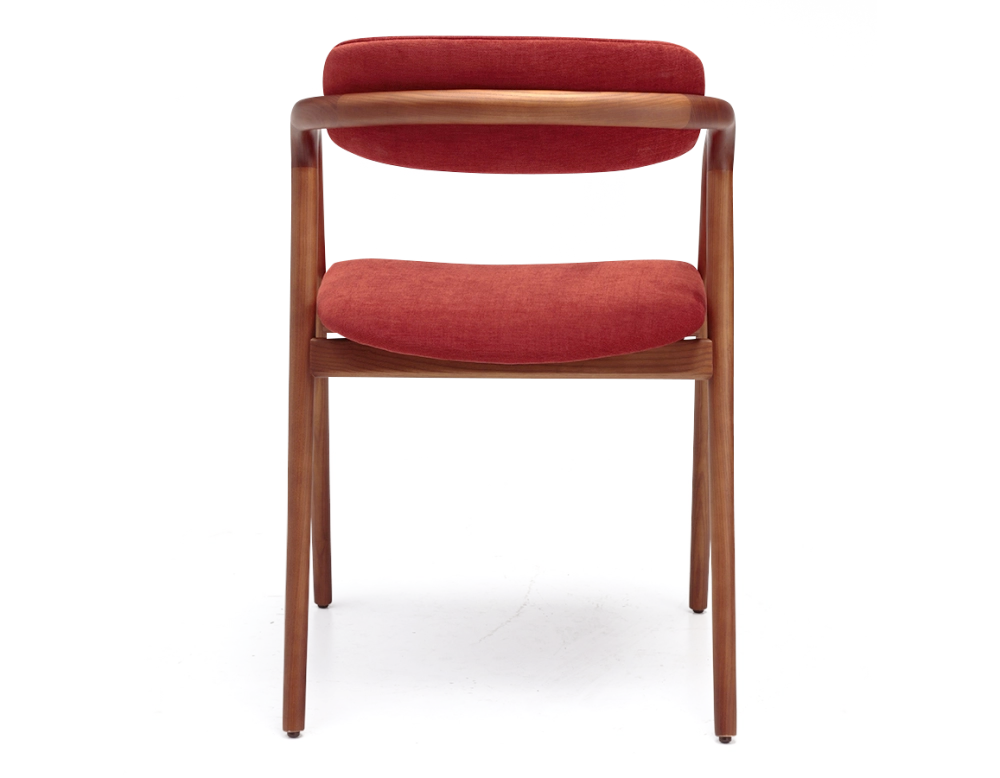 Chaise scandinave bois teinte merisier assise tissu beige orange brulé