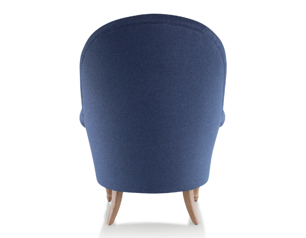 Fauteuil crapaud avec accoudoirs pieds bois teinte noyer et tissu bleu marine haut dossier