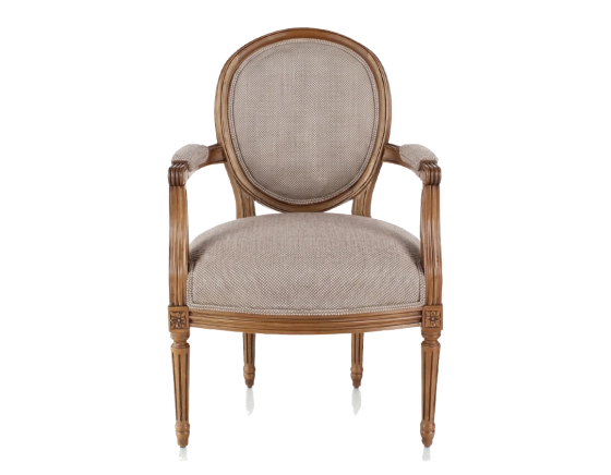Fauteuil ancien style Louis XVI bois teinte ancienne et tissu chiné beige, gris et orange