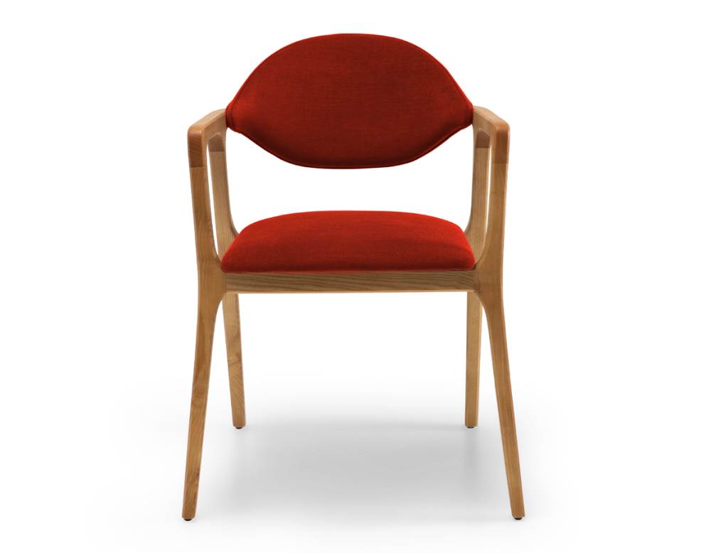 Chaise design avec accoudoirs bois teinte naturelle et tissu orange brulé