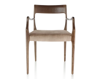 Chaise scandinave avec accoudoirs bois teinte marron foncé assise tissu velours taupe clair
