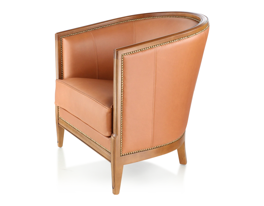 Fauteuil ancien accoudoirs moulurés bois teinte ancienne et cuir caramel