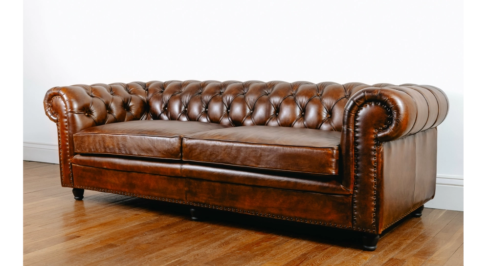 3 seater Chesterfield leather sofa brown vintage studded armchairs