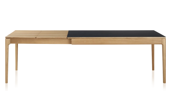 Table extensible 8 à 12 personnes en chêne et céramique allonges bois avec bois teinte naturelle et plateau céramique noir unie 210x100 cm