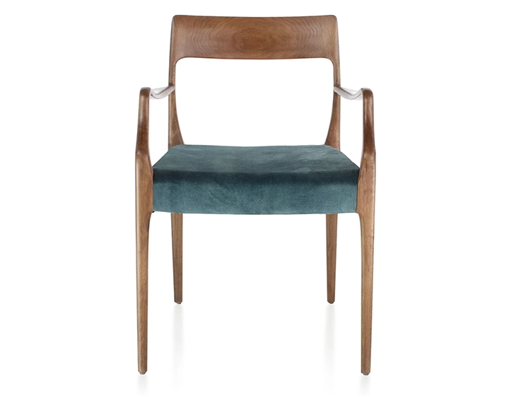 Scandinavian armchair with armrests wood stained walnut seat in petrol blue velvet fabric