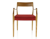 Silla escandinava con reposabrazos madera tinte cerezo asiento tejido burdeos