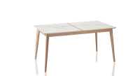 Table extensible 6 à 8 personnes en chêne et céramique allonges bois avec bois teinte naturelle et plateau céramique effet marbre blanc 140x90 cm