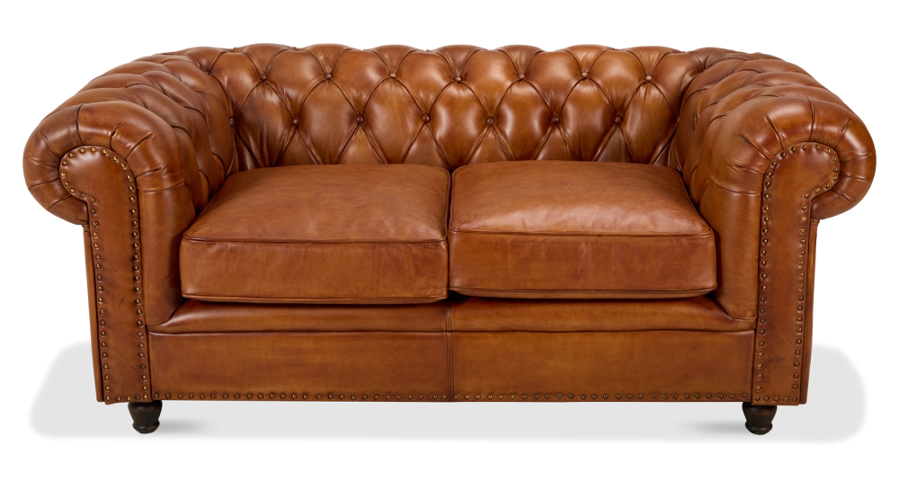 Canapé Chesterfield cuir 2 places marron clair accoudoirs cloutés
