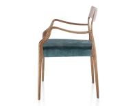 Scandinavian armchair with armrests wood stained walnut seat in petrol blue velvet fabric