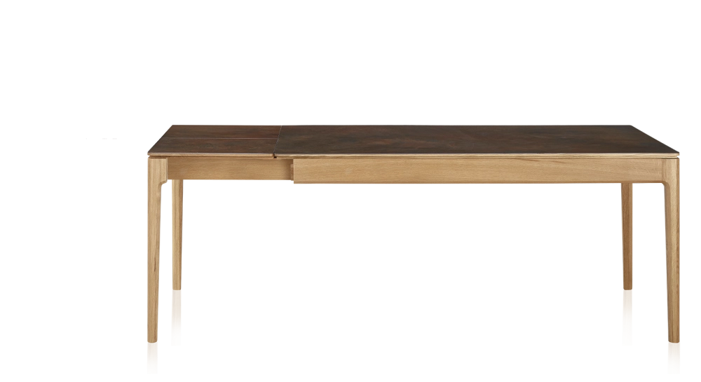 Table extensible en chêne et céramique 6 à 10 personnes allonges céramique avec bois teinte naturelle et plateau et allonges céramique brun oxydé 140x90 cm