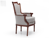 Louis XVI style bergère armchair wood antique stain and white and taupe houndstooth fabric