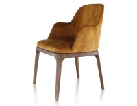 Chaise design avec accoudoirs bois teinte marron foncé et tissu velours bronze
