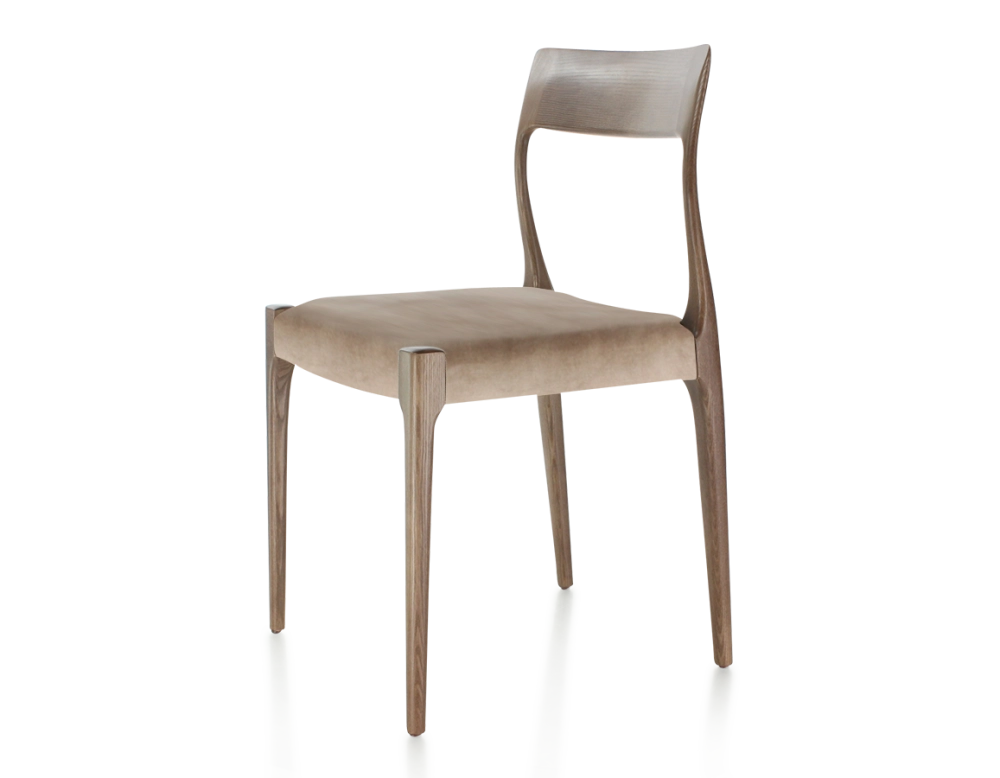 Scandinavian chair dark brown stained wood, light taupe velvet seat