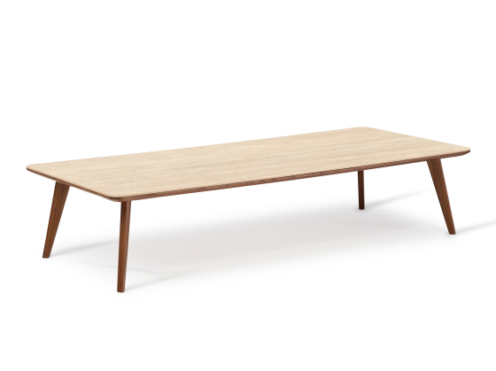 Table basse rectangulaire F7 en noyer et céramique bois teinte naturelle et céramique effet pierre travertin 120x80x30 cm