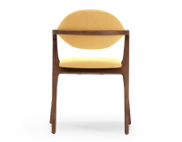 Chaise design avec accoudoirs bois teinte marron foncé et tissu jaune