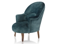 Fauteuil crapaud avec accoudoirs pieds bois teinte noyer et tissu velours bleu pétrole