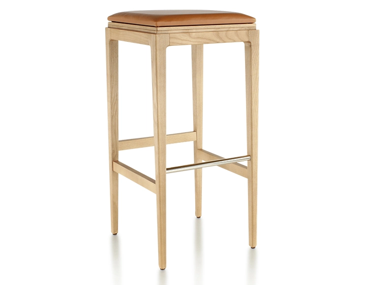 Tabouret de bar design H80 cm bois teinte naturelle assise cuir caramel