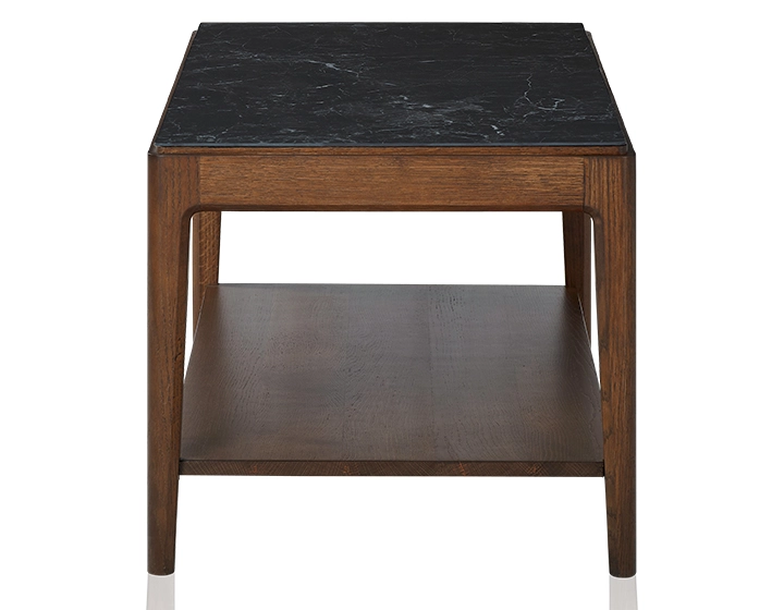 Table basse rectangulaire en chêne et céramique avec tablette en bois teinte marron foncé plateau céramique effet ardoise 100x50 cm