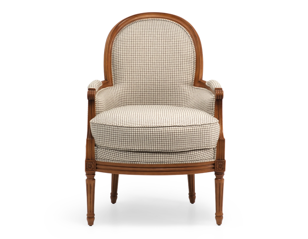 Fauteuil bergère style Louis XVI bois teinte ancienne et tissu pied de poule blanc et taupe