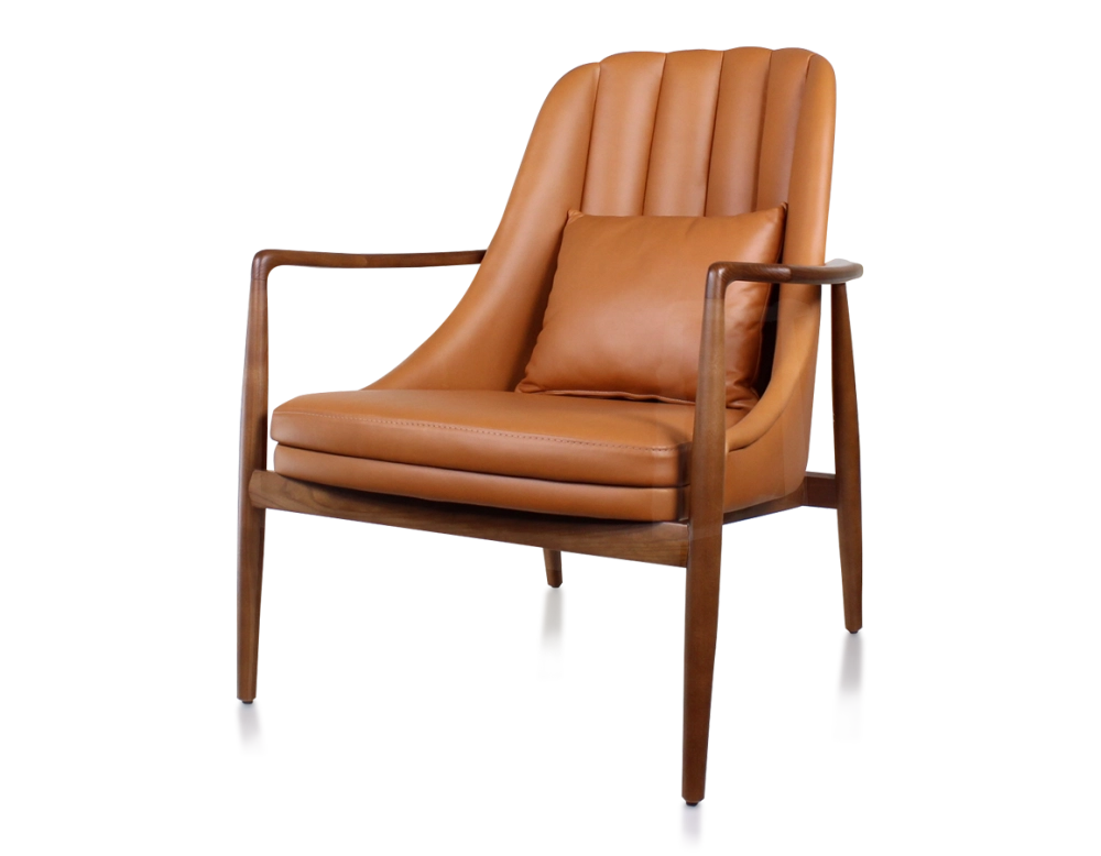 Fauteuil design bois teinte merisier et cuir caramel