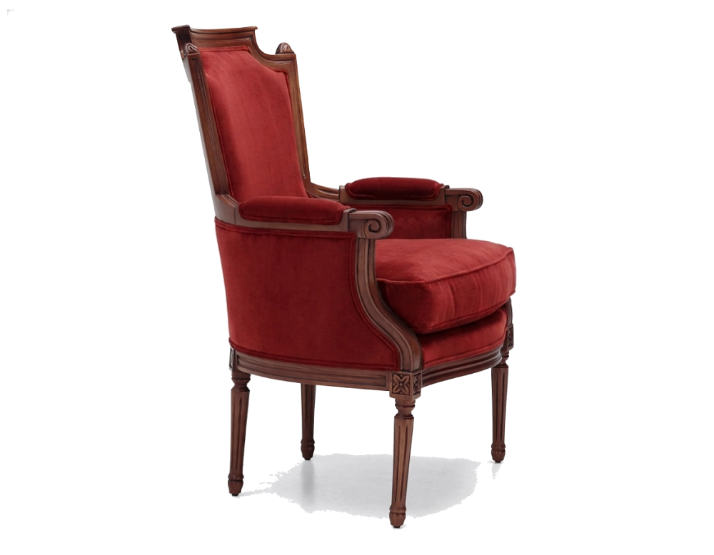 Louis XVI style bergère armchair bois teinte ancienne et tissu bordeaux