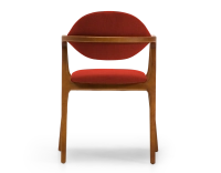 Chaise design avec accoudoirs bois teinte merisier et tissu orange brulé