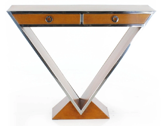Console art déco double tiroirs bois teinte merisier