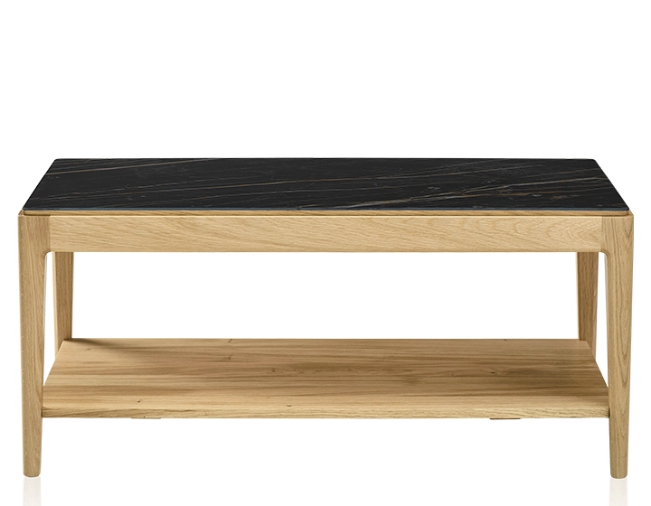Mesa de centro rectangular de roble y cerámica con estante en madera tinte natural tablero cerámico efecto mármol negro 100x50 cm