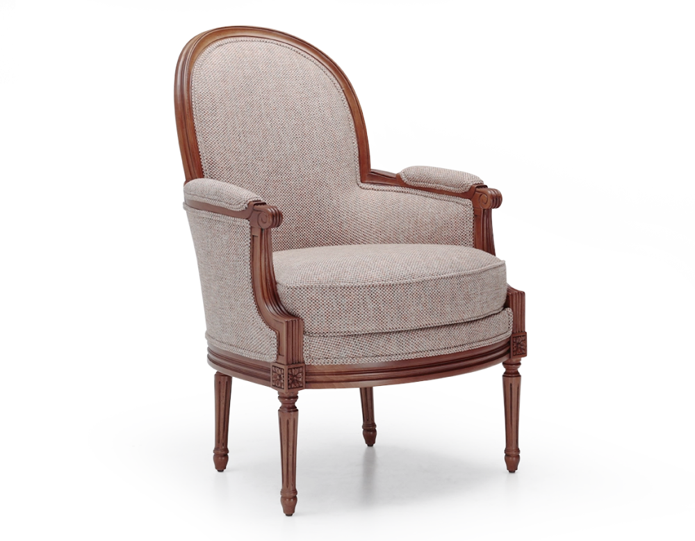 Louis XVI style moulded bergère armchair wood antique stain and orange fabric