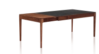 Table extensible 8 à 12 personnes en noyer et céramique allonges bois avec bois teinte naturelle et plateau céramique effet ardoise 210x100 cm