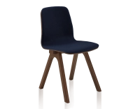 Upholstered oak designer chair dark brown stained wood, navy blue fabric seat