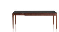 Table extensible en noyer et céramique 6 à 10 personnes allonges céramique avec bois teinte naturelle et plateau et allonges céramique effet marbre noir 140x90 cm
