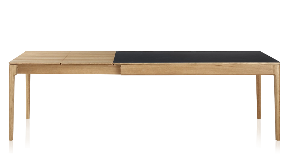 Table extensible 6 à 10 personnes en chêne et céramique allonges bois avec bois teinte naturelle et plateau céramique noir unie 160x100 cm