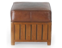 Pouf carré bois et cuir marron vintage