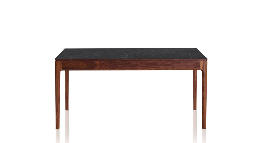 Table extensible 6 à 10 personnes en noyer et céramique allonges bois avec bois teinte naturelle et plateau céramique effet ardoise 160x100 cm