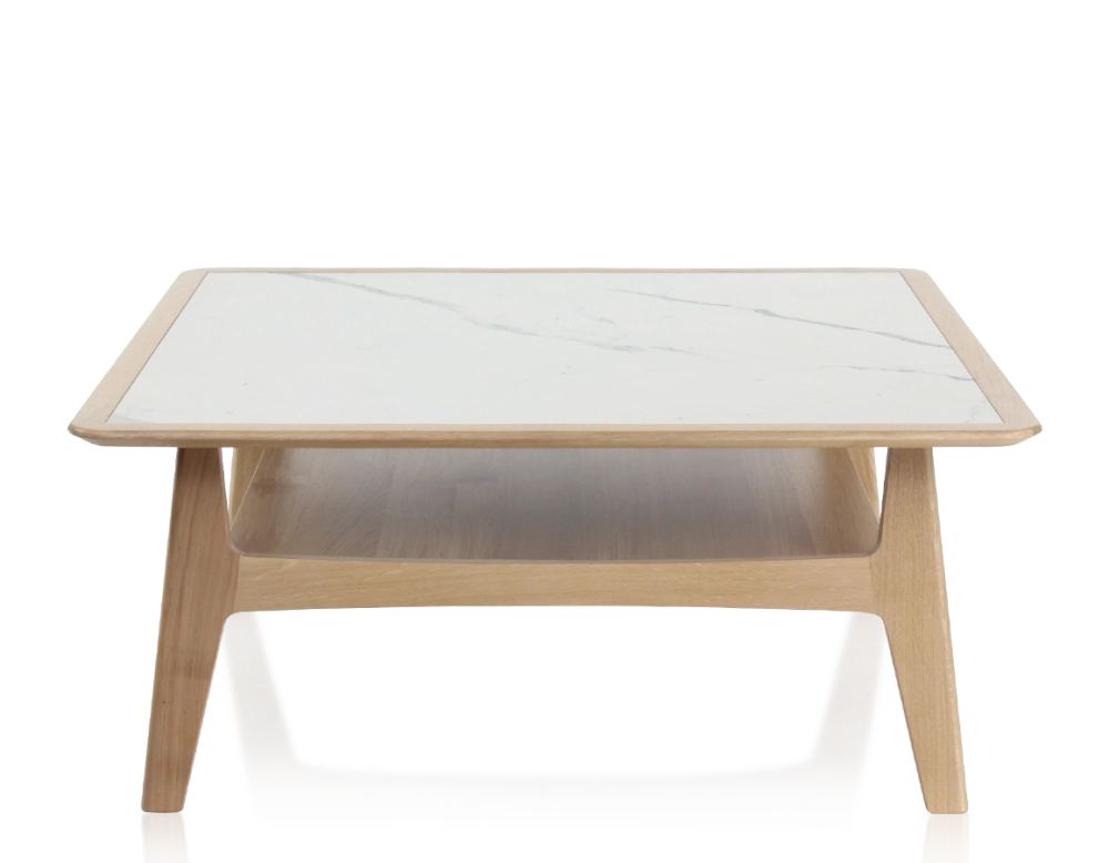 Table basse carrée en chêne et céramique avec bois teinte naturelle plateau céramique effet marbre blanc 100x100 cm