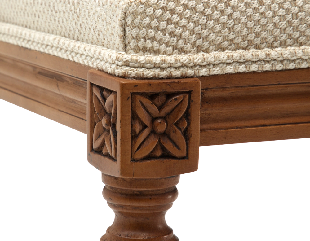 Tabouret ancien style Louis XVI bois teinte ancienne et tissu chiné beige