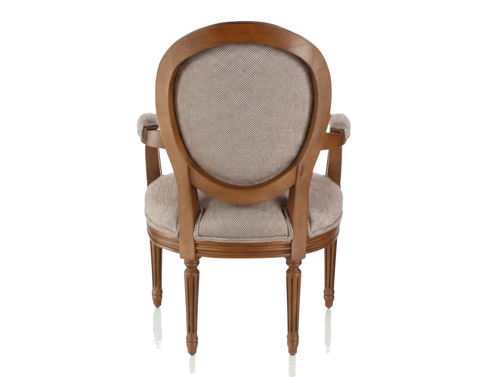 Fauteuil ancien style Louis XVI bois teinte ancienne et tissu chiné beige, gris et orange
