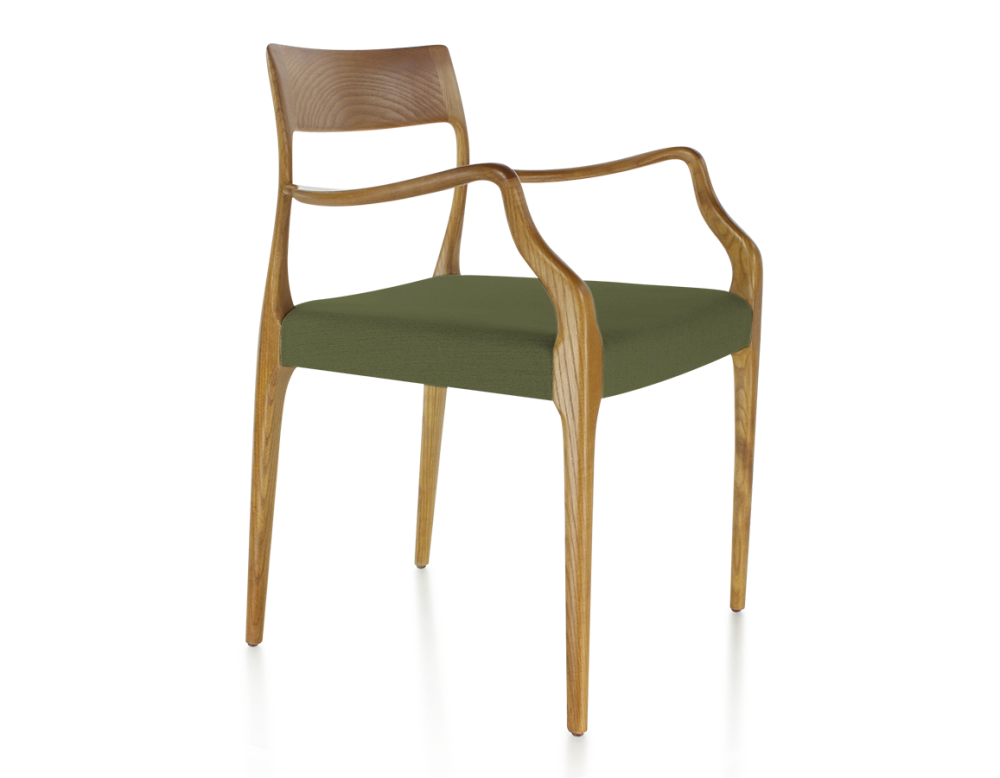Chaise scandinave avec accoudoirs bois teinte merisier assise tissu vert olive