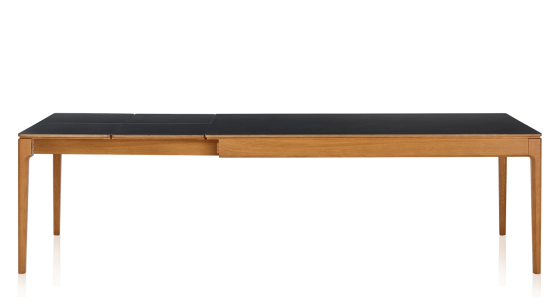 Table extensible 8 à 12 personnes en chêne et céramique allonges céramique avec bois teinte merisier et plateau et allonges céramique noire unie 210x100 cm